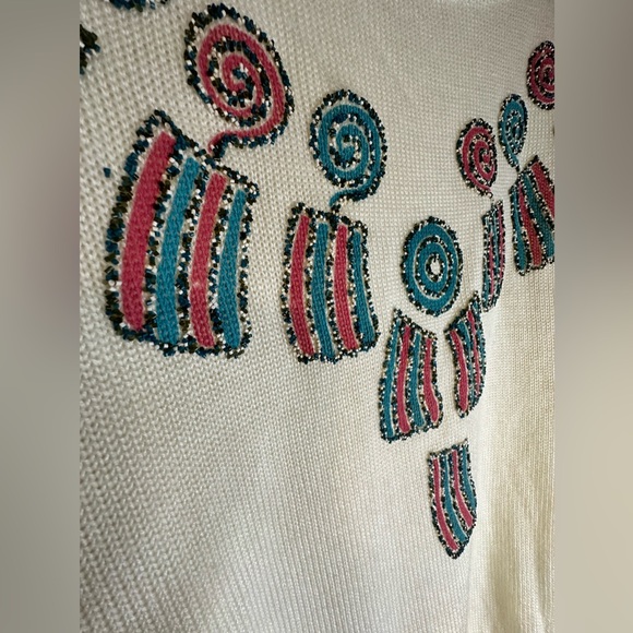 Vintage Kenneth Too Ivory Aztec Pullover Sweater Turquoise Embellished Sz S/M - Picture 3 of 12